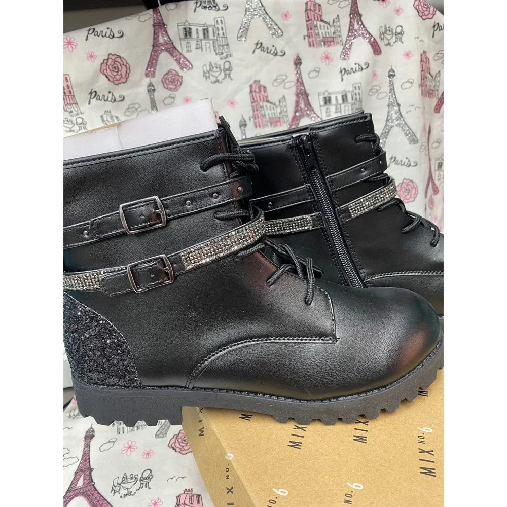 Mix No. 6 Carly Kids Black Glitter Rhinestone Buckle Combat Boots Size 6M New